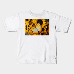 Large Yellow Butterfly On Small Sunflowers Kids T-Shirt